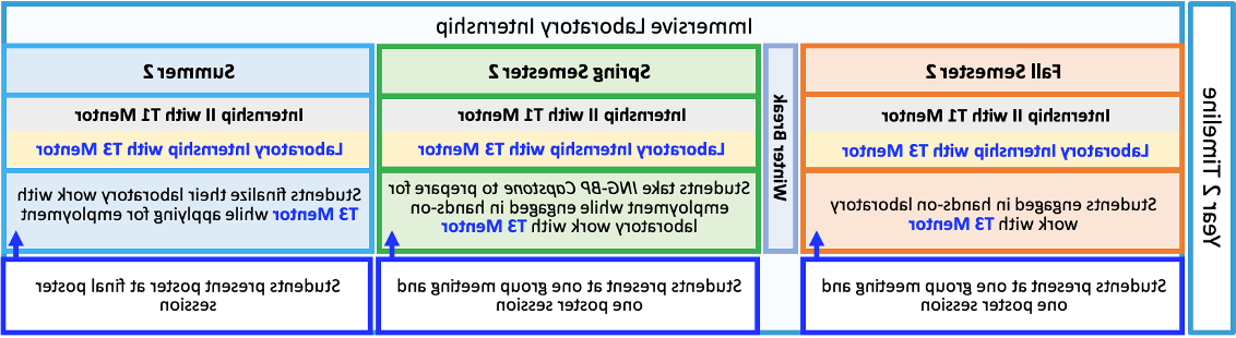 Cartoon of the timeline of events in the second year of the ING Bridge Program. Throughout the Fall, Spring and Summer of Year 2, students continue working on the Immersive Laboratory Internship portion of the program which includes the following activities (also described above) 1. Meet with their T1 Mentor for ≈1 hour per week 2. Meet with their T3 Mentor for ≈1 hour per week 3. Engage in hands-on lab work in their T3 Mentor’s lab for 36-40 hours per week 4. Attend group meetings for the T3 Mentor’s lab ≈1-2 hours per week. a. Prepare one oral presentation on their project to give during group meeting at least once per summer/semester 5. Prepare one poster on their project to present at a poster session at MSU Denver or a partner institution once per summer/semester. The only deviations from the regularly recurring activities of the Immersive Laboratory Internship occur at the following times for the following reasons: 1. During the Spring Semester of Year 2, the students take ING-BP Capstone: Resumes, Interviews, and Professionalism, wherein they students learn how to properly tailor resumes, cover letters, give job talks, and undergo mock-interviews. a. The time commitment for hands-on lab work drops to ≈20 hours per week while students complete their Capstone coursework. 2. During the second summer in the program, the students continue lab work with their T1 and T3 mentors while preparing tailored materials for actual employment applications. Students may have longer weekly meetings with their T1 and T3 mentors during this time as they prepare for their next transition into the employment sector. a. The time commitment for hands-on research drops to ≈20-30 hours per week while students prepare application materials.